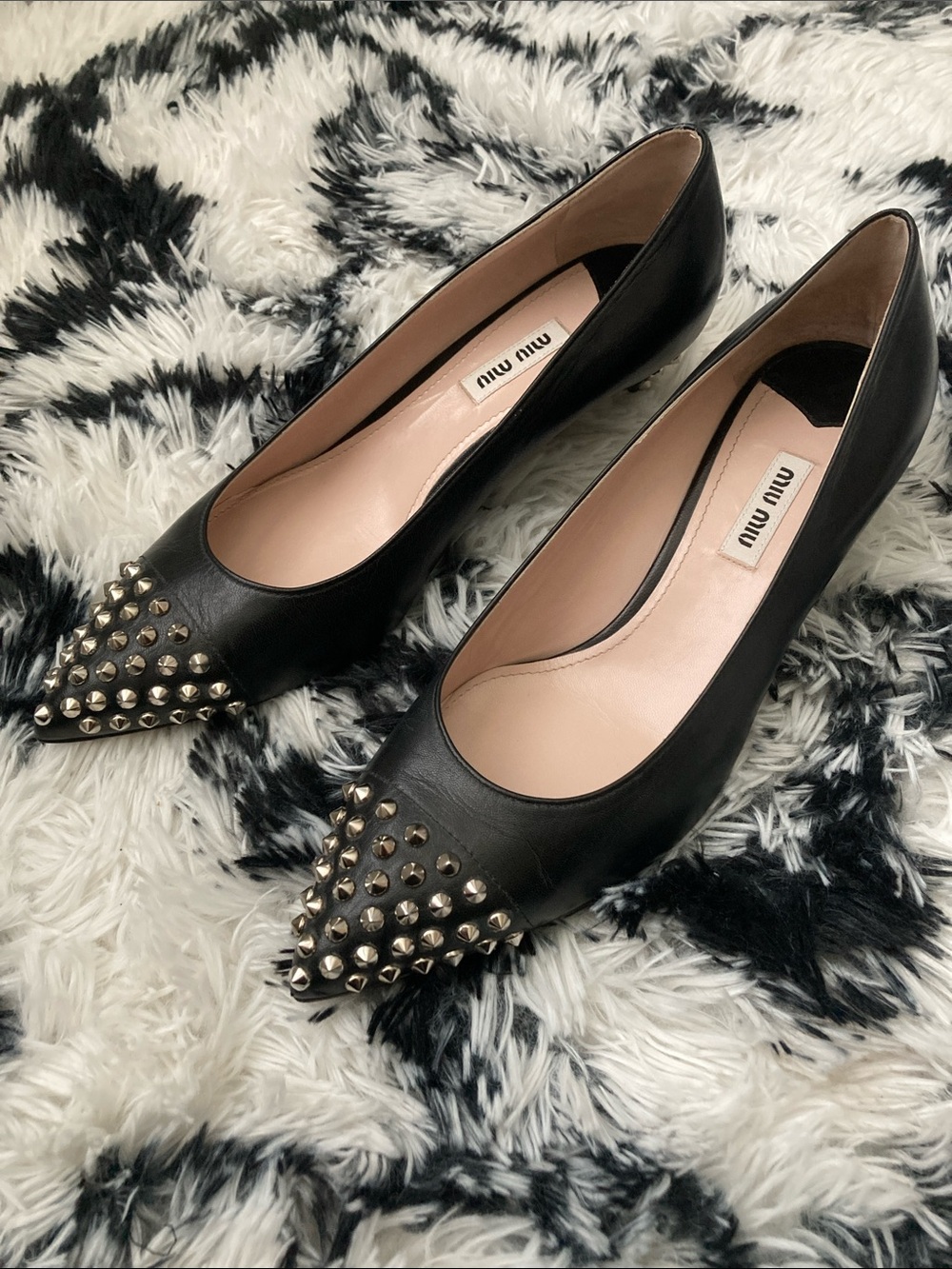💗 SOLD 💗 Miu Miu Black Leather Pointed-Toe Studded Flats